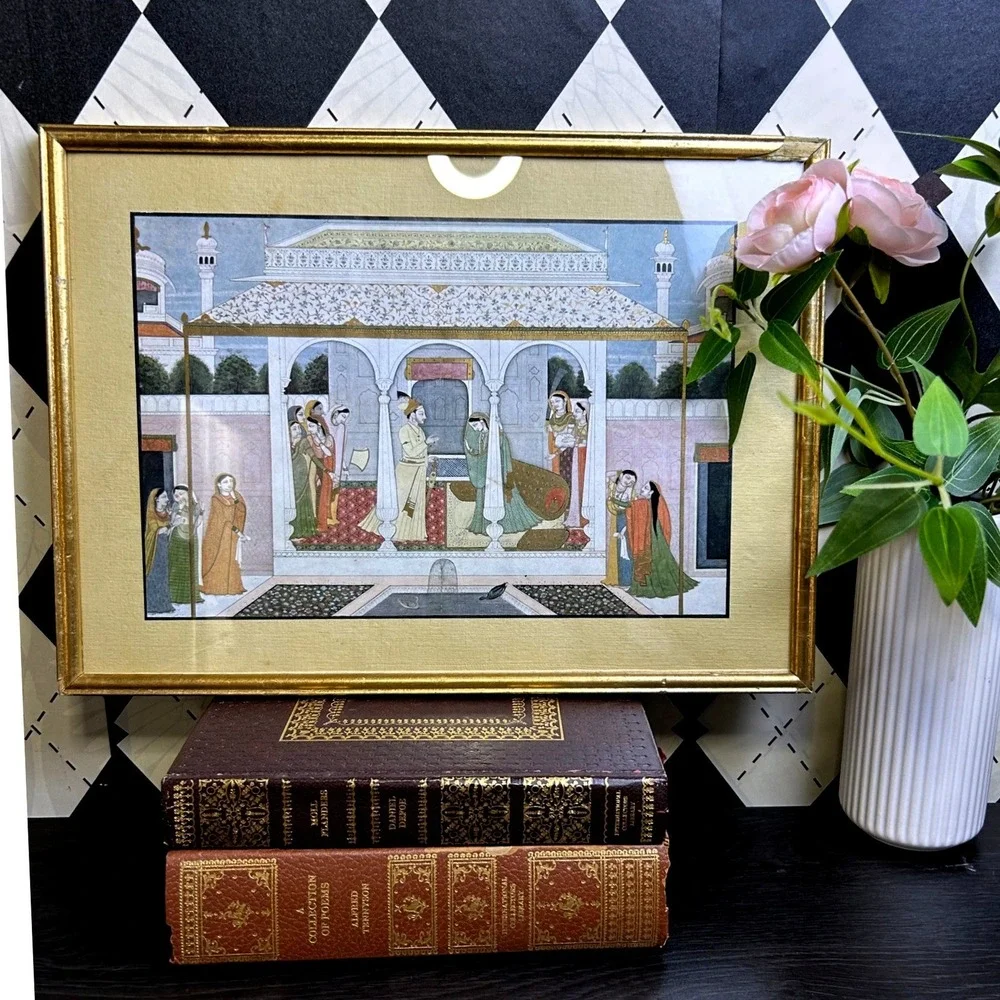 Vintage Framed Indian Nala and Damayanti Mahabharata Print Palace Scene Wall Art